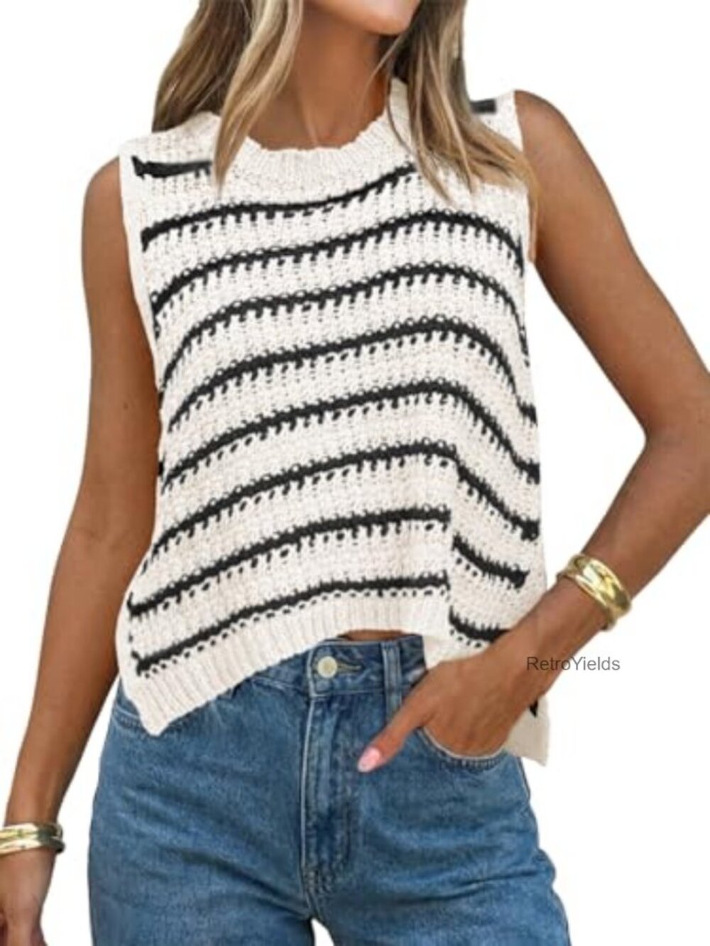 Women's Sleeveless Sweater Vest Striped Tank Top Crew Neck Ribbed Pullover